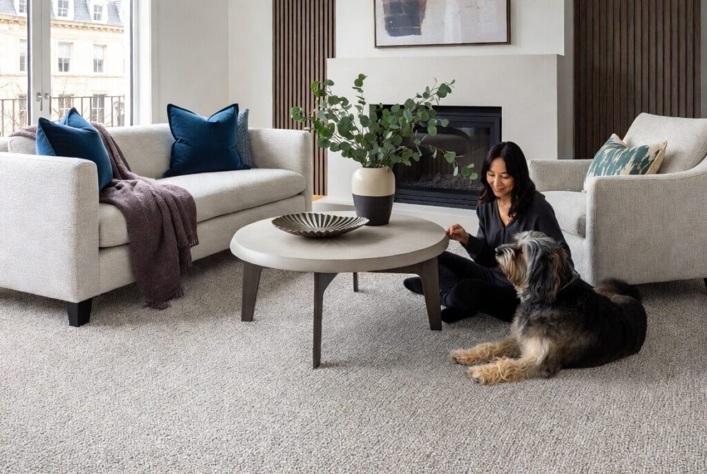 lady and her dog on the living room floors