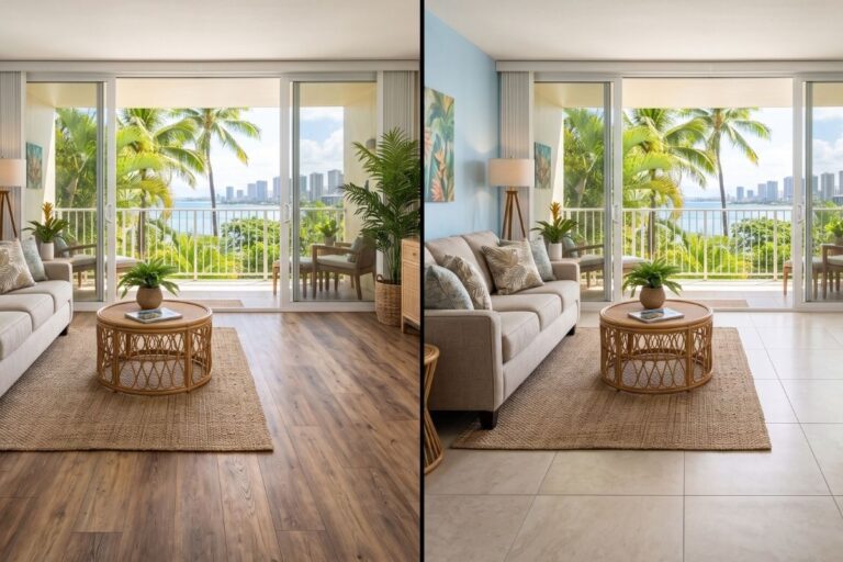 LVP vs tile flooring comparison in Honolulu Hawaii living room