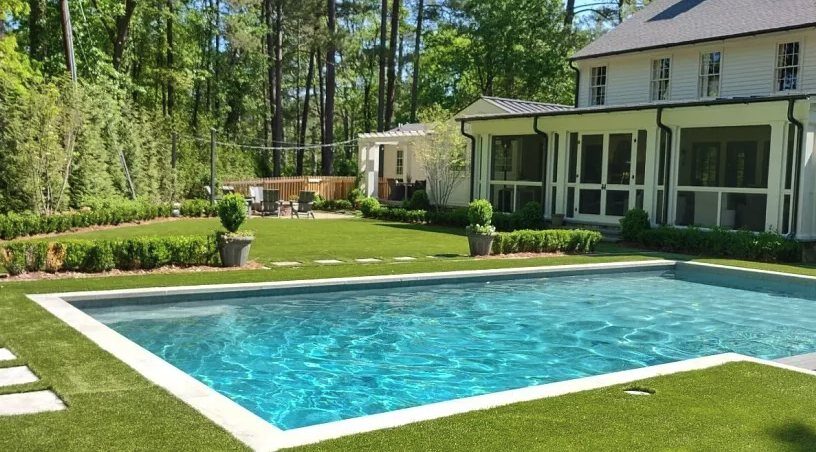 Backyard pool surrounded by artificial turf