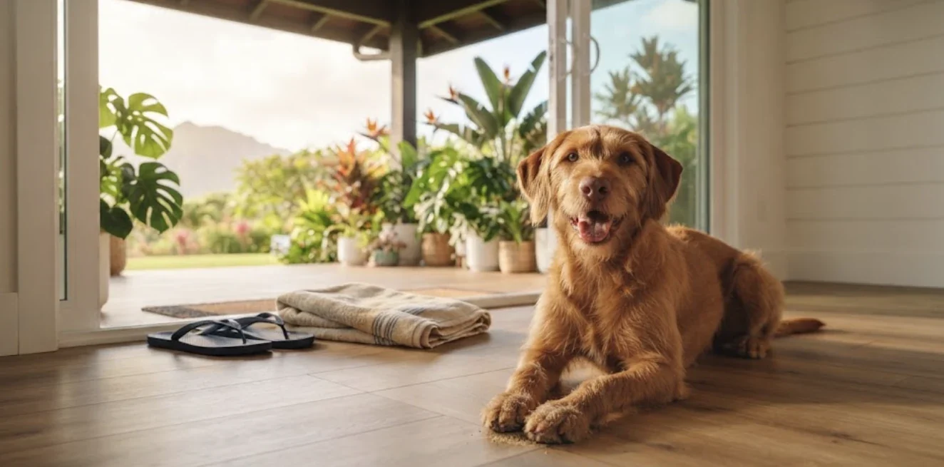 Happy dog lying on a wood-look plank floor beside an open lanai door