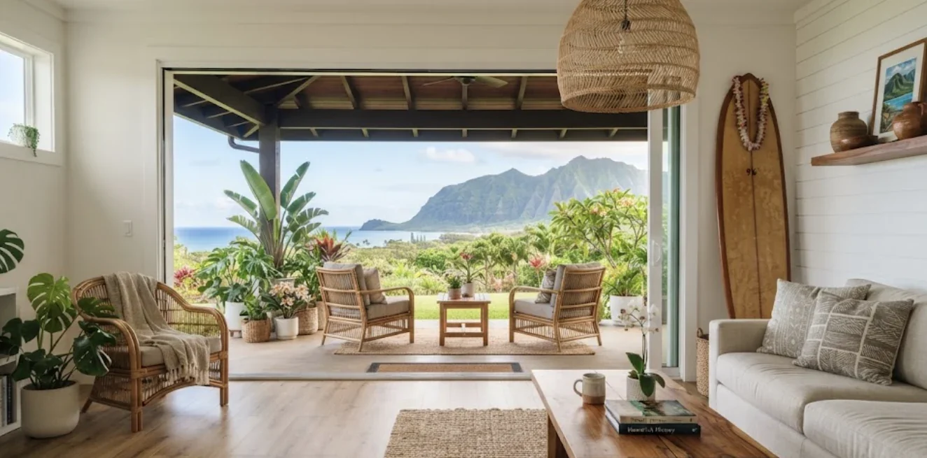 Hawaii living room with wood-look flooring opening to a lanai with ocean and mountain views